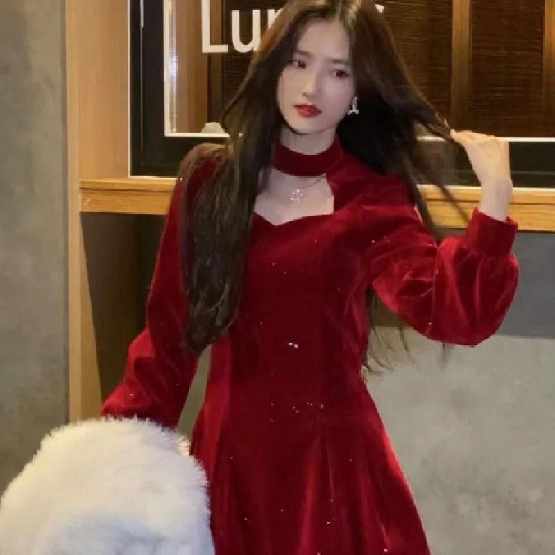 Fine Sparkling Velvet Dress Women Autumn Winter New Style High-End Elegant Waist Slimming Fit Red A-Line Dresses Christmas Party