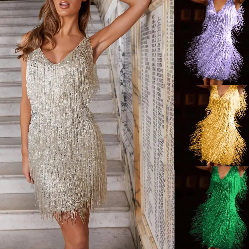 Chic Summer Dress Pure Colors Open Back Wear-Resistant Sexy Night Club Wear Tassel Dress