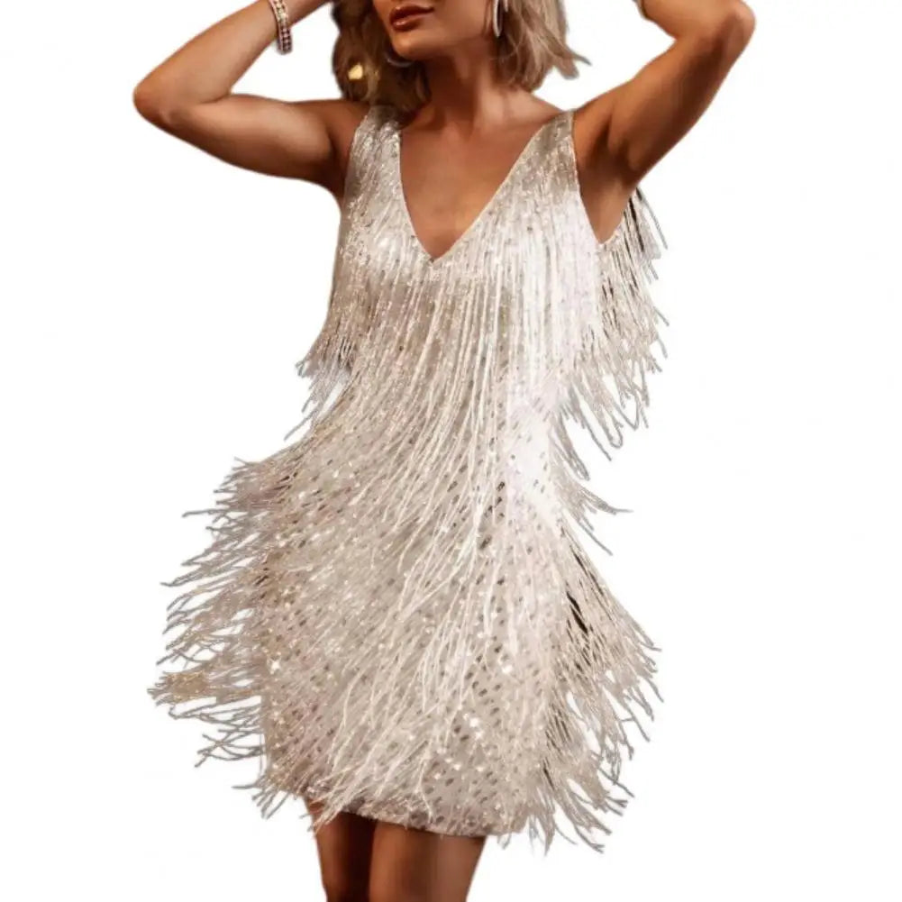 Chic Summer Dress Pure Colors Open Back Wear-Resistant Sexy Night Club Wear Tassel Dress