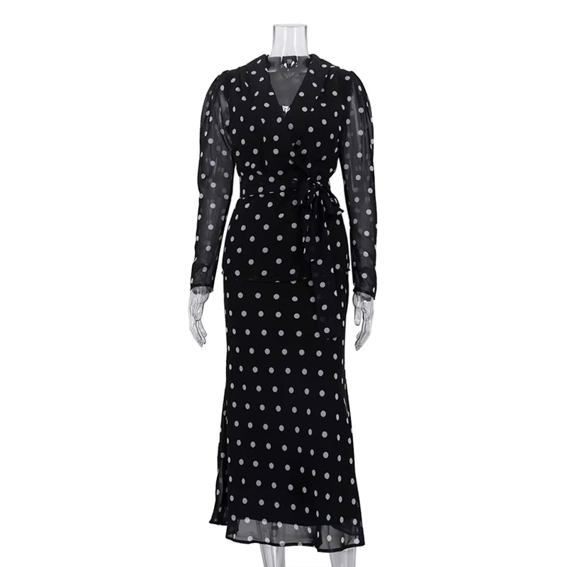 Fashionable Trending Ladies Two Pieces Elegant Chiffon Polka Dot Skirt and Blouse Set 2026 Spring Women Clothes
