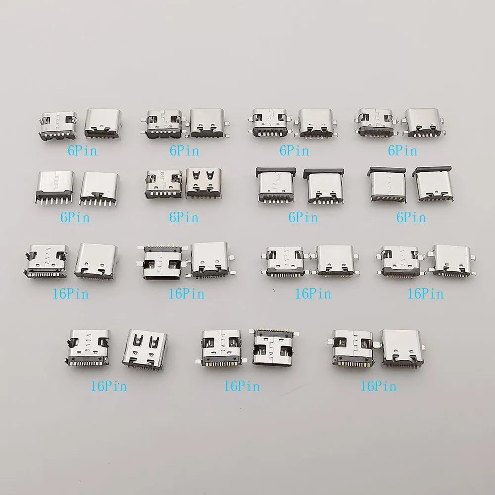 15 Models of Type C USB-C Jack Charging Dock Connectors - Mixed 6-Pin and 16-Pin Type-C Female SMD DIP PCB Soldering DIY Repair Socket