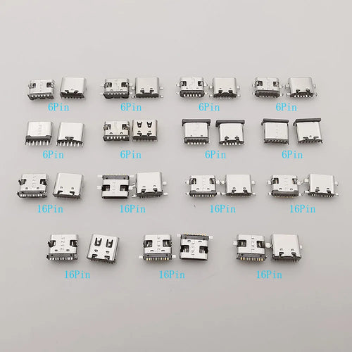 15 Models of Type C USB-C Jack Charging Dock Connectors - Mixed 6-Pin and 16-Pin Type-C Female SMD DIP PCB Soldering DIY Repair Socket