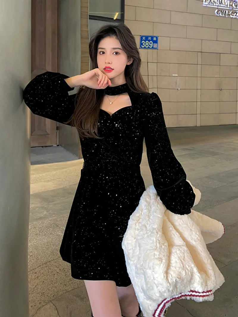 Fine Sparkling Velvet Dress Women Autumn Winter New Style High-End Elegant Waist Slimming Fit Red A-Line Dresses Christmas Party