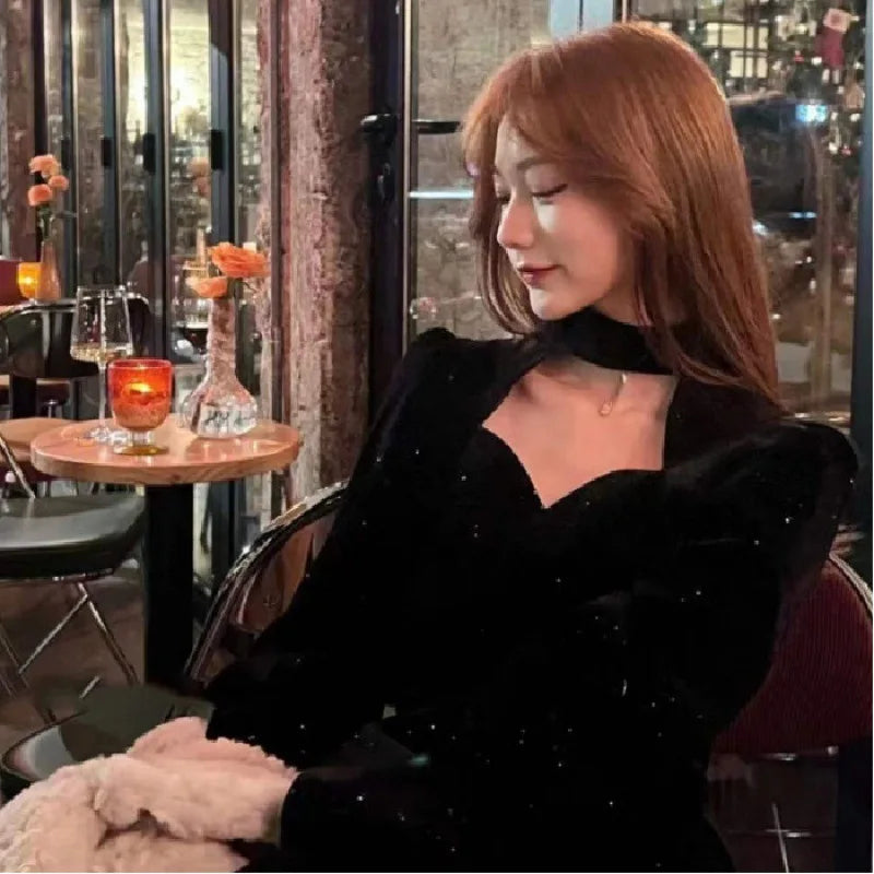 Fine Sparkling Velvet Dress Women Autumn Winter New Style High-End Elegant Waist Slimming Fit Red A-Line Dresses Christmas Party
