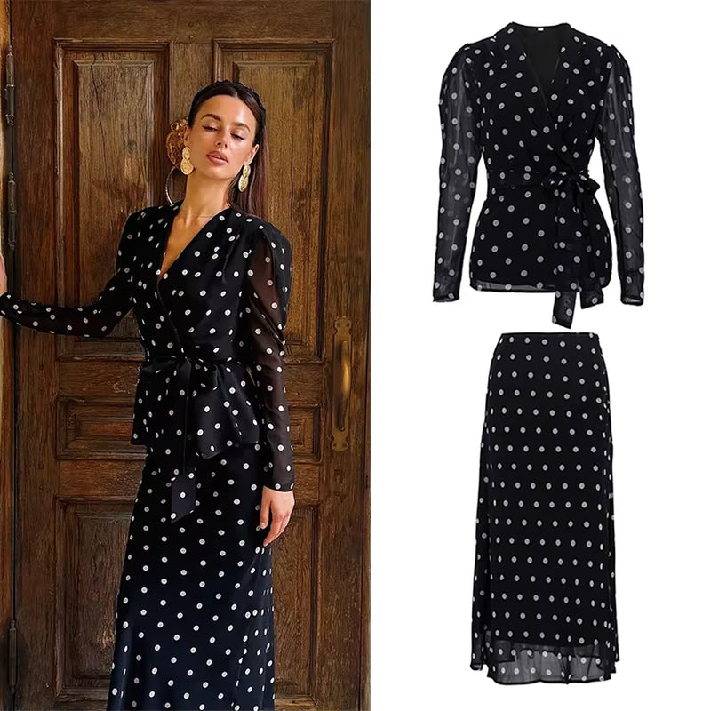 Fashionable Trending Ladies Two Pieces Elegant Chiffon Polka Dot Skirt and Blouse Set 2026 Spring Women Clothes