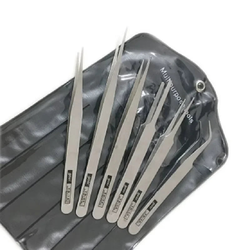 6-Piece Industrial Precision Stainless Steel Tweezers Set with Bent and Straight Tips for Repair Applications
