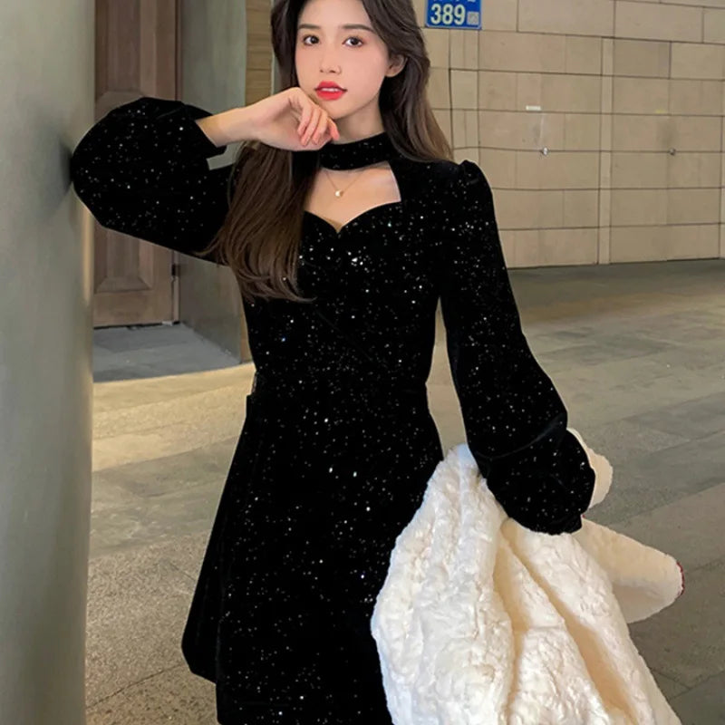 Fine Sparkling Velvet Dress Women Autumn Winter New Style High-End Elegant Waist Slimming Fit Red A-Line Dresses Christmas Party
