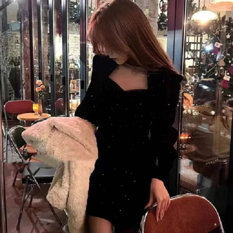 Fine Sparkling Velvet Dress Women Autumn Winter New Style High-End Elegant Waist Slimming Fit Red A-Line Dresses Christmas Party