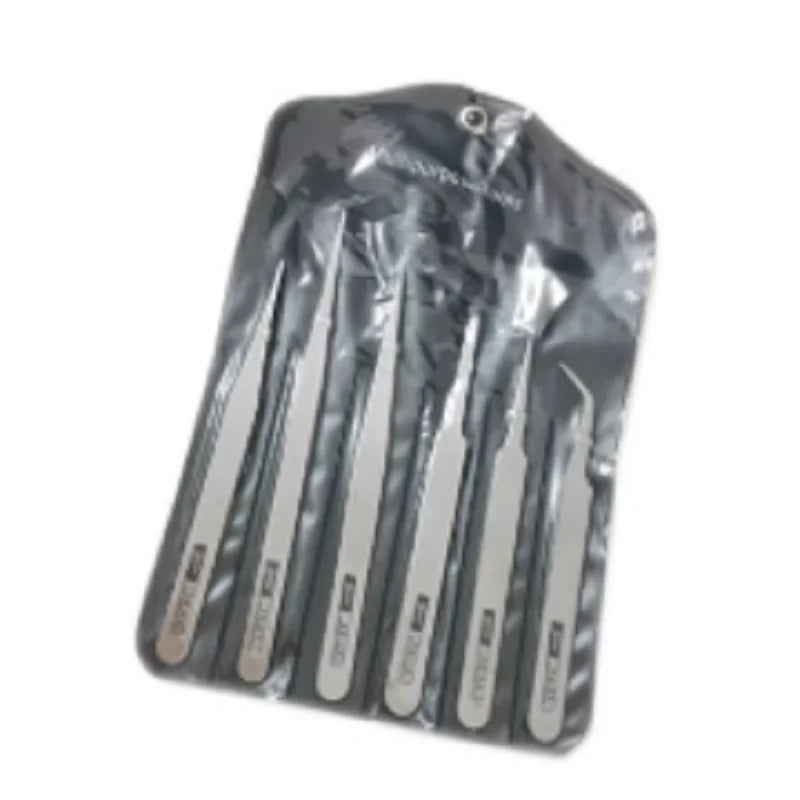 6-Piece Industrial Precision Stainless Steel Tweezers Set with Bent and Straight Tips for Repair Applications