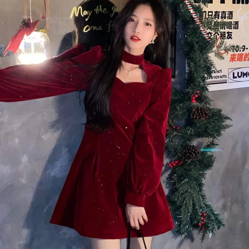 Fine Sparkling Velvet Dress Women Autumn Winter New Style High-End Elegant Waist Slimming Fit Red A-Line Dresses Christmas Party